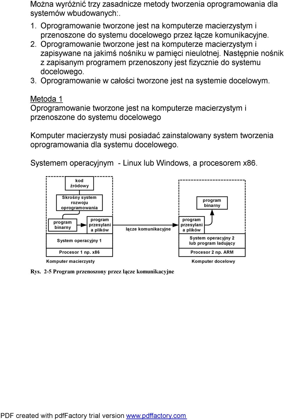 Oprogramowanie tworzone jest na komputerze macierzystym i zapisywane na jakimś nośniku w pamięci nieulotnej. Następnie nośnik z zapisanym programem przenoszony jest fizycznie do systemu docelowego. 3.