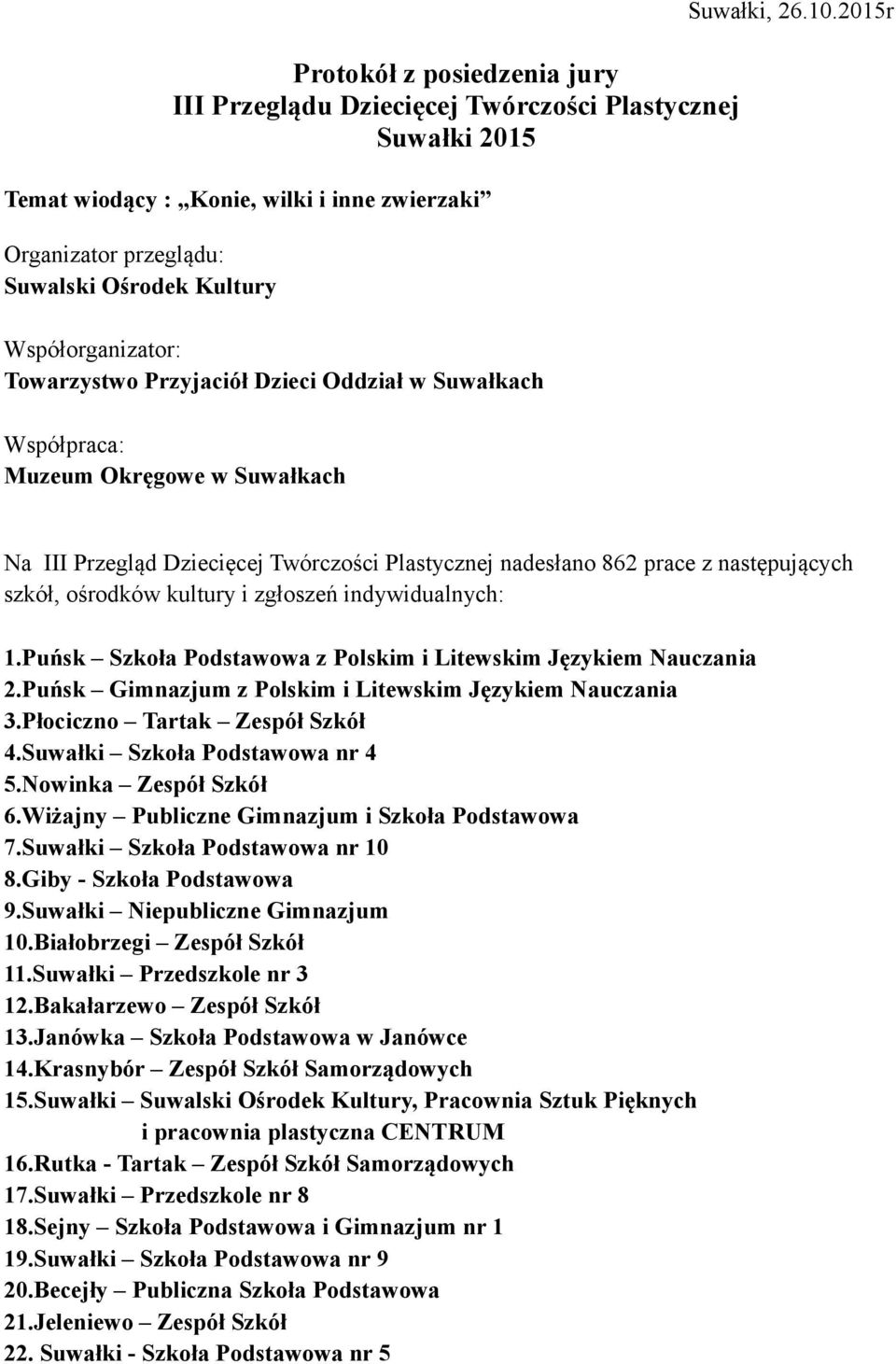 2015r Na III Przegląd Dziecięcej Twórczości Plastycznej nadesłano 862 prace z następujących szkół, ośrodków kultury i zgłoszeń indywidualnych: 1.