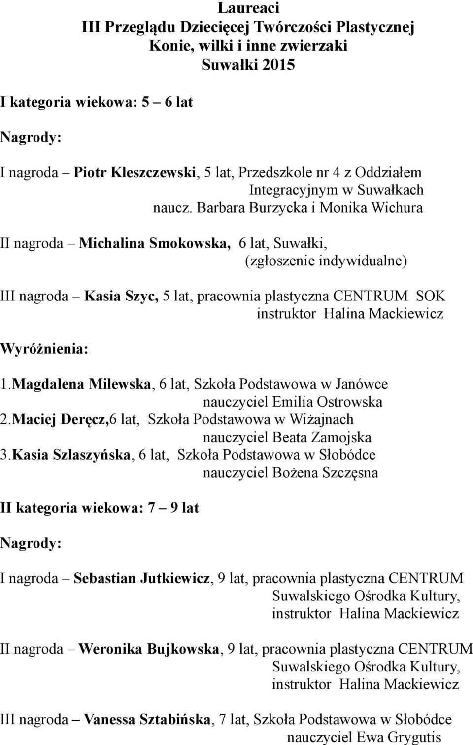 Barbara Burzycka i Monika Wichura II nagroda Michalina Smokowska, 6 lat, Suwałki, (zgłoszenie indywidualne) III nagroda Kasia Szyc, 5 lat, pracownia plastyczna CENTRUM SOK 1.