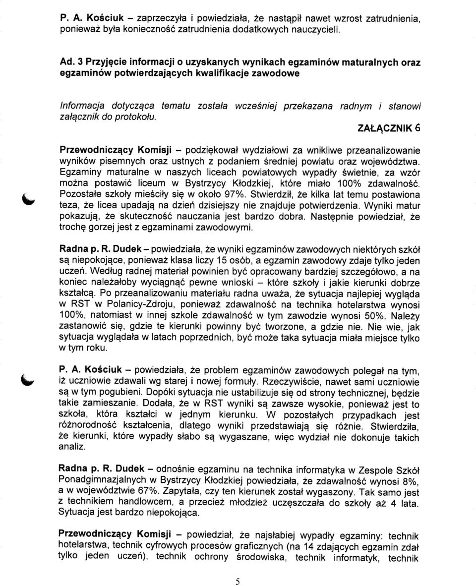 zaiqcznik do protokotu. ZAtACZNIK 6 Przewodnicza.cy Komisji - podziekowat wydziatowi za wnikliwe przeanalizowanie wynikow pisemnych oraz ustnych z podaniem sredniej powiatu oraz wojewodztwa.