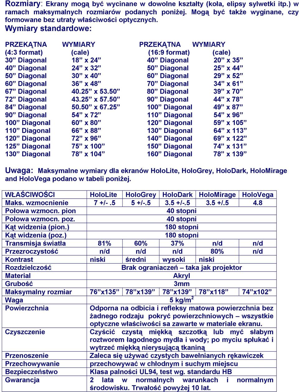 Wymiary standardowe: PRZEKĄTNA WYMIARY PRZEKĄTNA WYMIARY (4:3 format) (cale) (16:9 format) (cale) 30 Diagonal 18 x 24 40 Diagonal 20 x 35 40 Diagonal 24 x 32 50 Diagonal 25 x 44 50 Diagonal 30 x 40