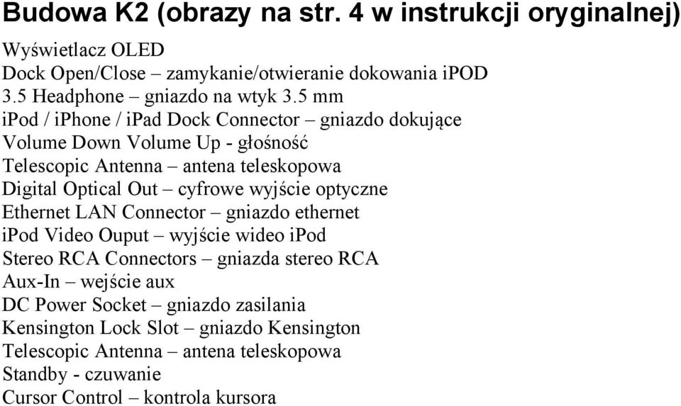 wyjście optyczne Ethernet LAN Connector gniazdo ethernet ipod Video Ouput wyjście wideo ipod Stereo RCA Connectors gniazda stereo RCA Aux-In wejście aux DC