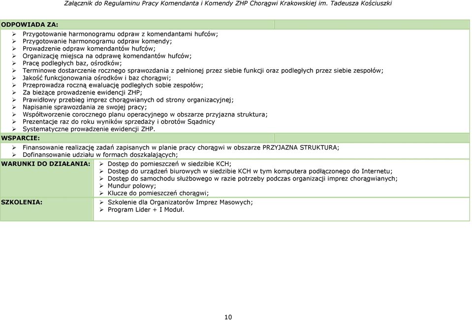 chorągwi; Przeprowadza roczną ewaluację podległych sobie zespołów; Za bieżące prowadzenie ewidencji ZHP; Prawidłowy przebieg imprez chorągwianych od strony organizacyjnej; Napisanie sprawozdania ze