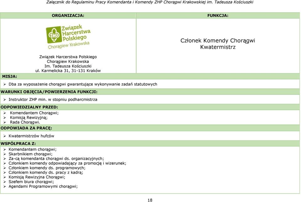 w stopniu podharcmistrza ODPOWIEDZIALNY PRZED: Komendantem Chorągwi; Komisją Rewizyjną; Rada Chorągwi.