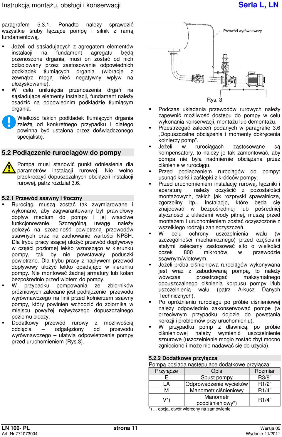 (wibracje z zewntrz mog mie negatywny wpływ na ułoyskowanie). W celu uniknicia przenoszenia drga na ssiadujce elementy instalacji, fundament naley osadzi na odpowiednim podkładzie tłumicym drgania.