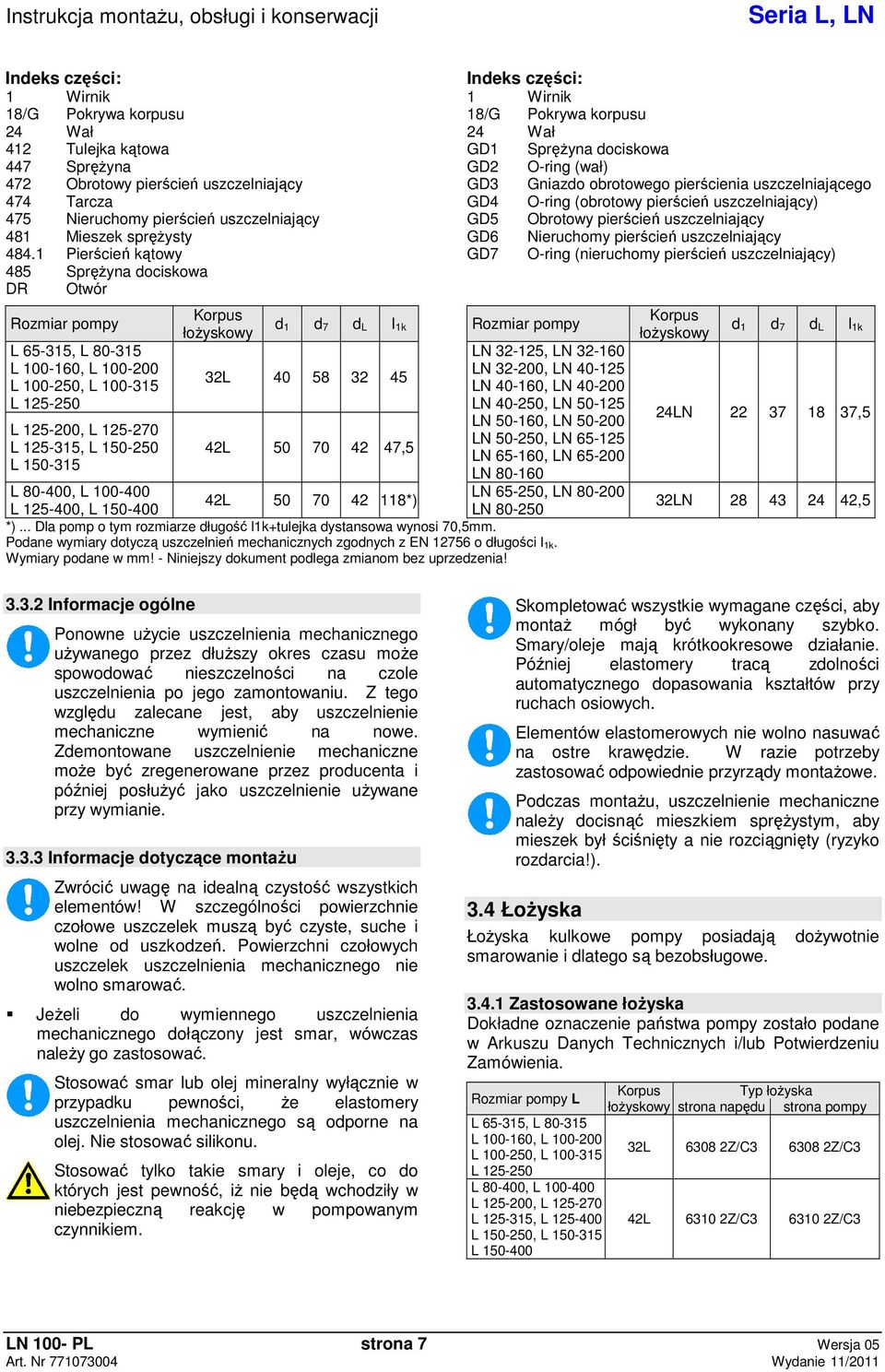 d 1 d 7 d L l 1k Rozmiar pompy 32L 40 58 32 45 42L 50 70 42 47,5 Indeks czci: 1 Wirnik 18/G Pokrywa korpusu 24 Wał GD1 Spryna dociskowa GD2 O-ring (wał) GD3 Gniazdo obrotowego piercienia