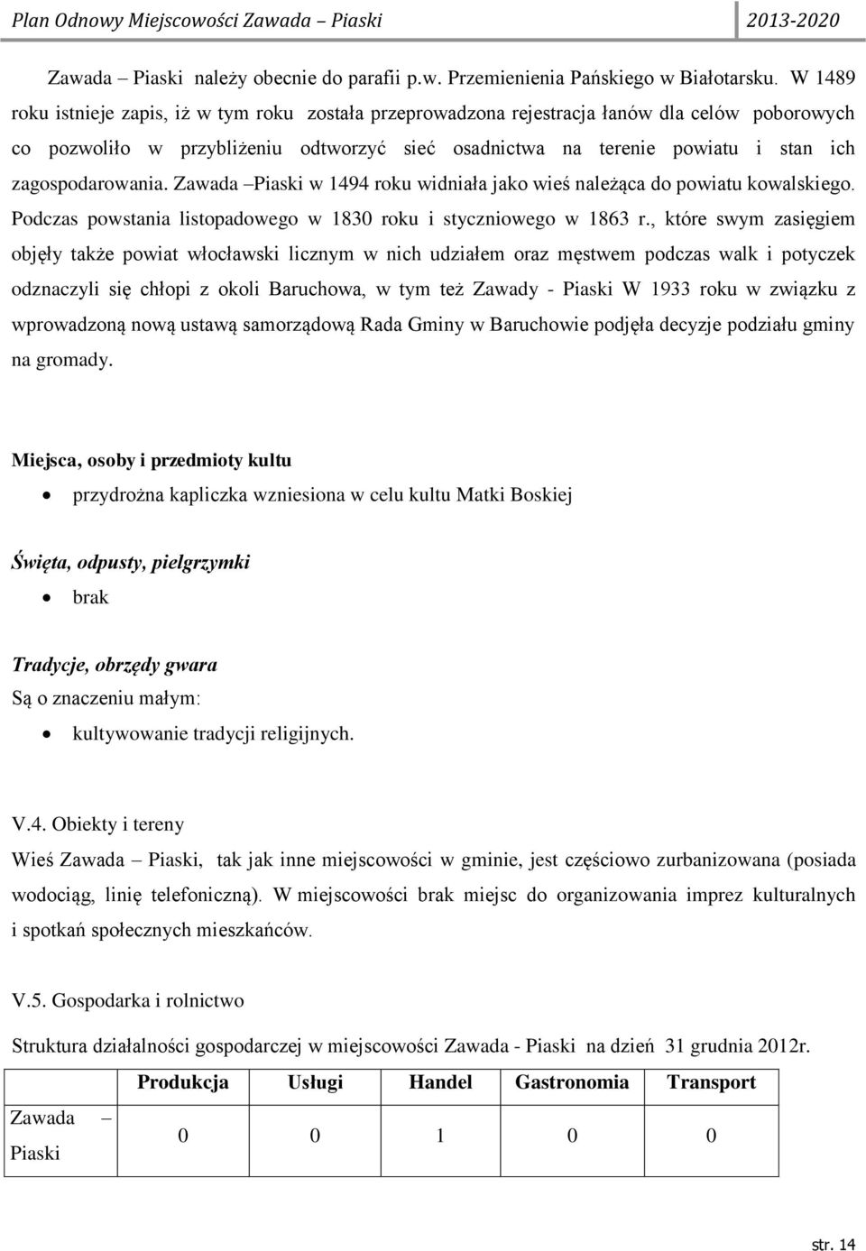 zagospodarowania. Zawada Piaski w 1494 roku widniała jako wieś należąca do powiatu kowalskiego. Podczas powstania listopadowego w 1830 roku i styczniowego w 1863 r.