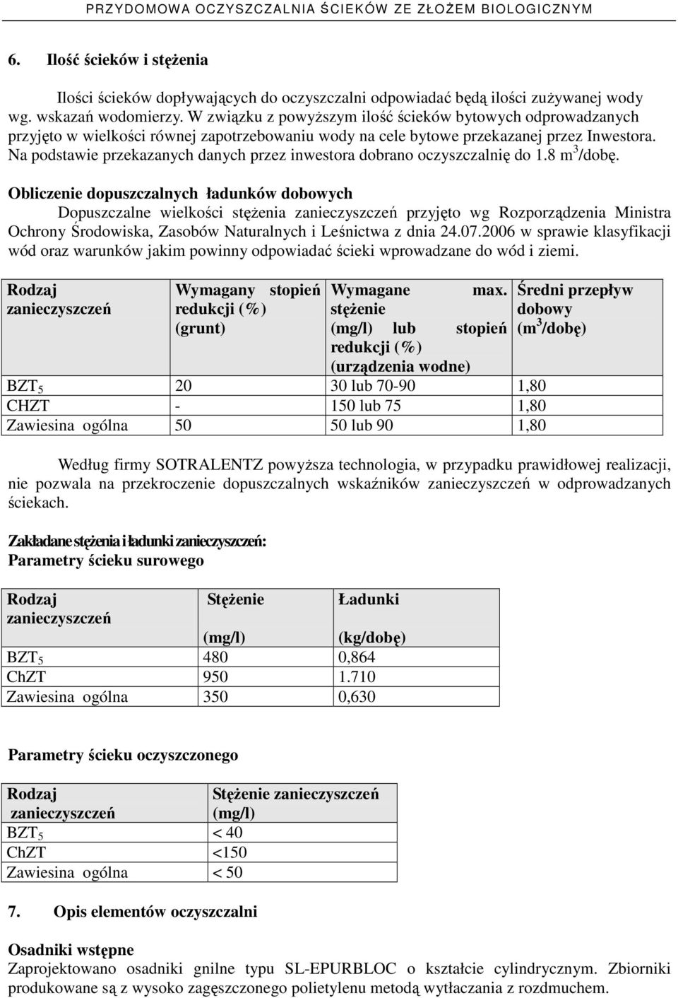 Na podstawie przekazanych danych przez inwestora dobrano oczyszczalnię do 1.8 m 3 /dobę.