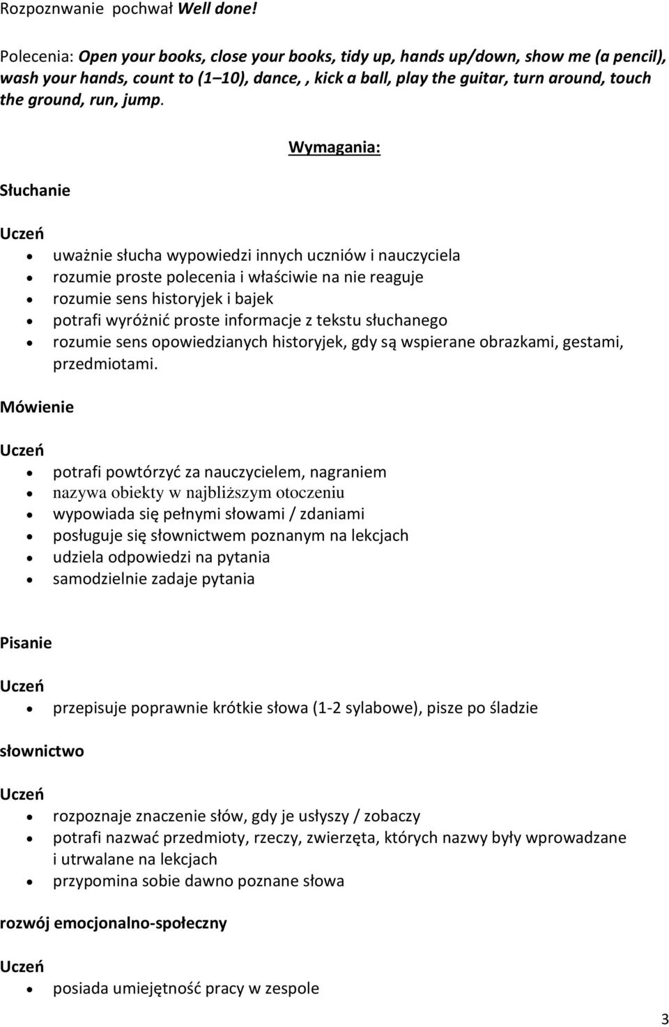 jump. Słuchanie Mówienie Wymagania: uważnie słucha wypowiedzi innych uczniów i nauczyciela rozumie proste polecenia i właściwie na nie reaguje rozumie sens historyjek i bajek potrafi wyróżnić proste