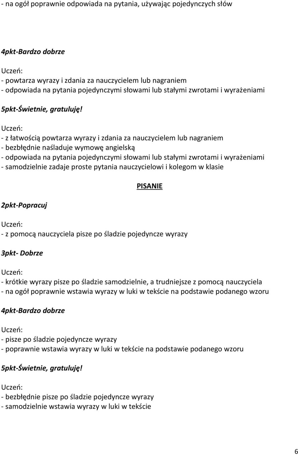 - samodzielnie zadaje proste pytania nauczycielowi i kolegom w klasie PISANIE - z pomocą nauczyciela pisze po śladzie pojedyncze wyrazy - krótkie wyrazy pisze po śladzie samodzielnie, a trudniejsze z