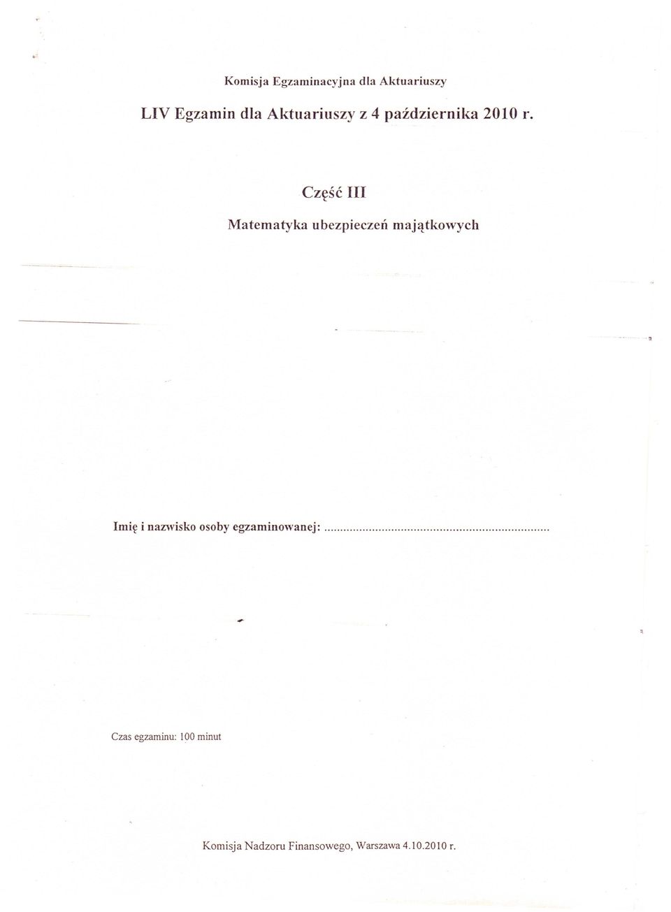 Część III Matematyka ubezpieczeń majątkowych Imię i nazwisko