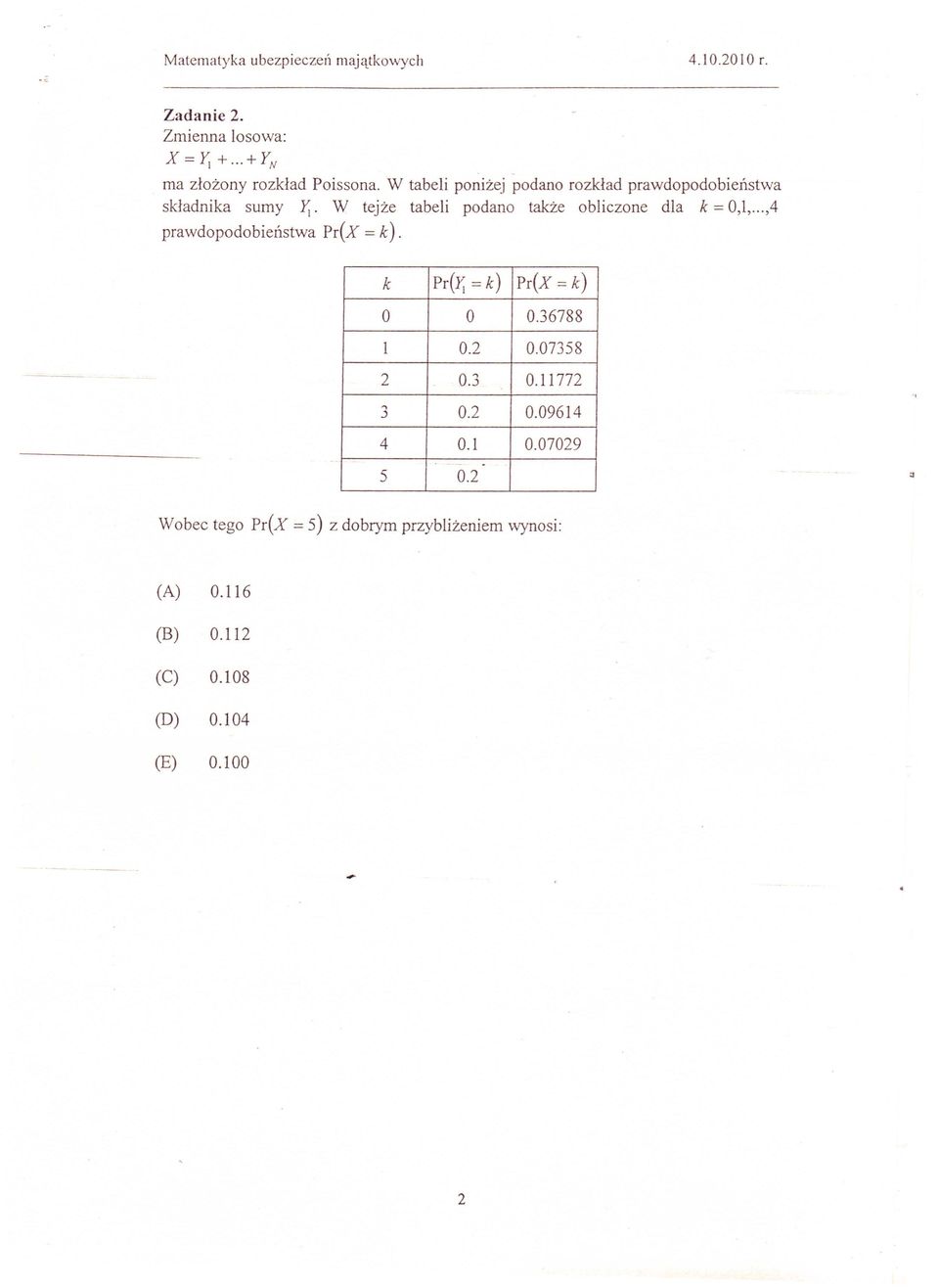 W tejże tabeli podano także obliczone dla k = 0,1,...,4 prawdopodobieństwa Pr(X = k). k Pr(.r; = k) Pr(X = k) O O 0.