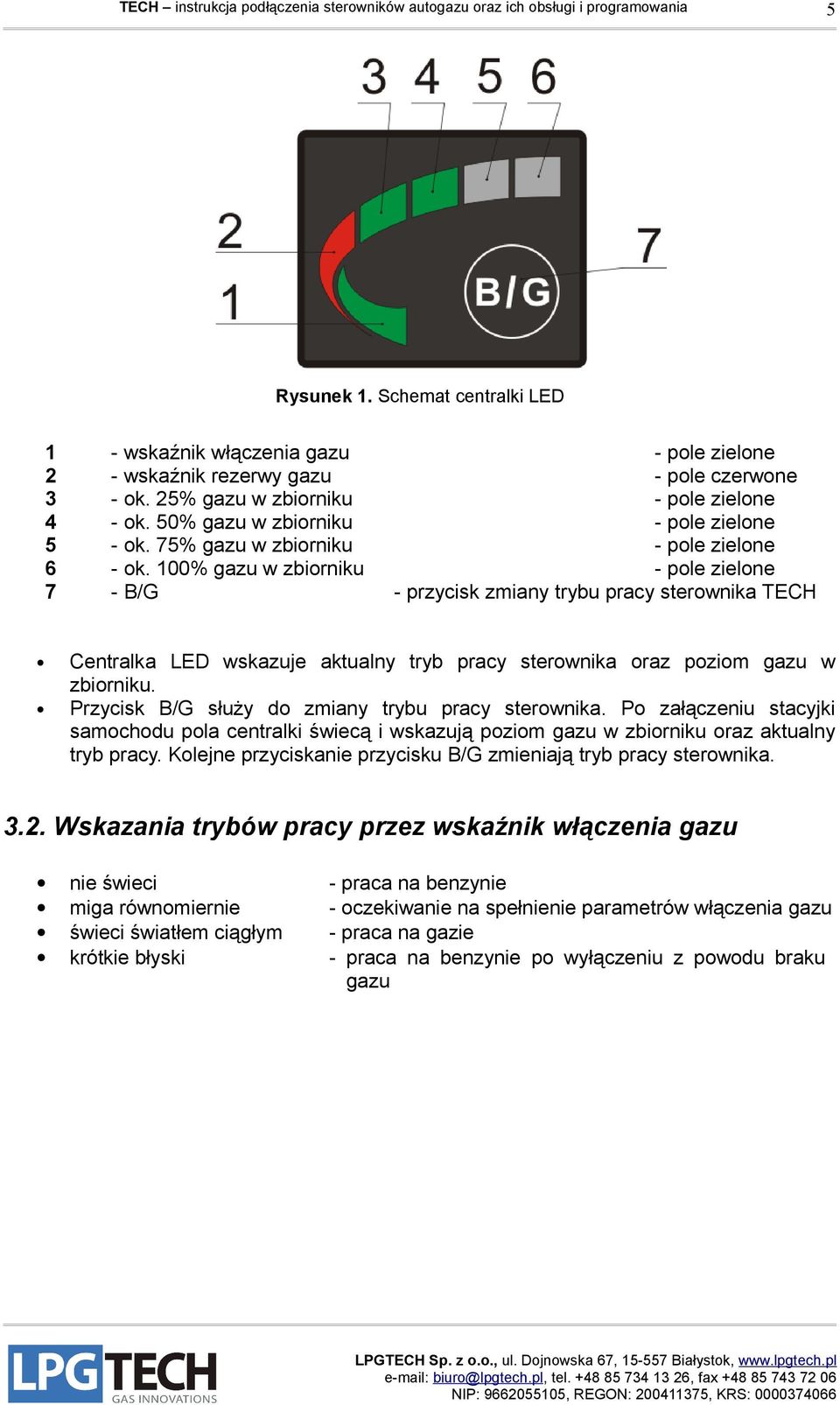 tryb pracy sterownika oraz poziom gazu w zbiorniku. Przycisk B/G służy do zmiany trybu pracy sterownika.