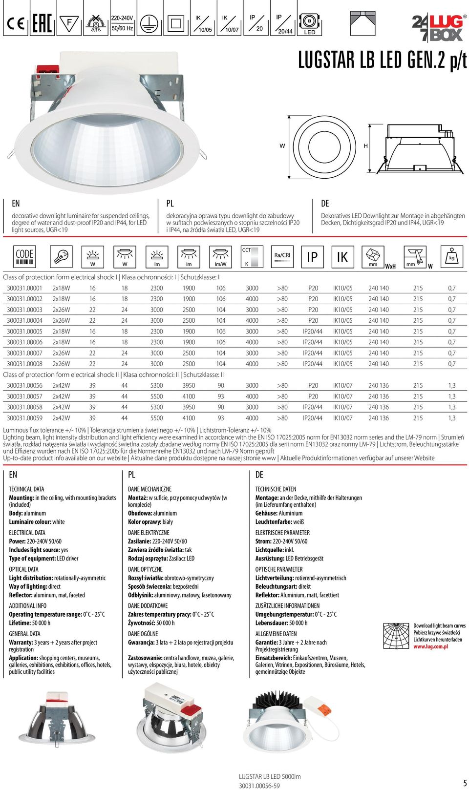 ochronności: I Schutzklasse: I dekoracyjna oprawa typu downlight do zabudowy w sufitach podwieszanych o stopniu szczelności IP20 i IP44, na źródła światła LED, UGR<19 TECHNICAL DATA DANE MECHANICZNE