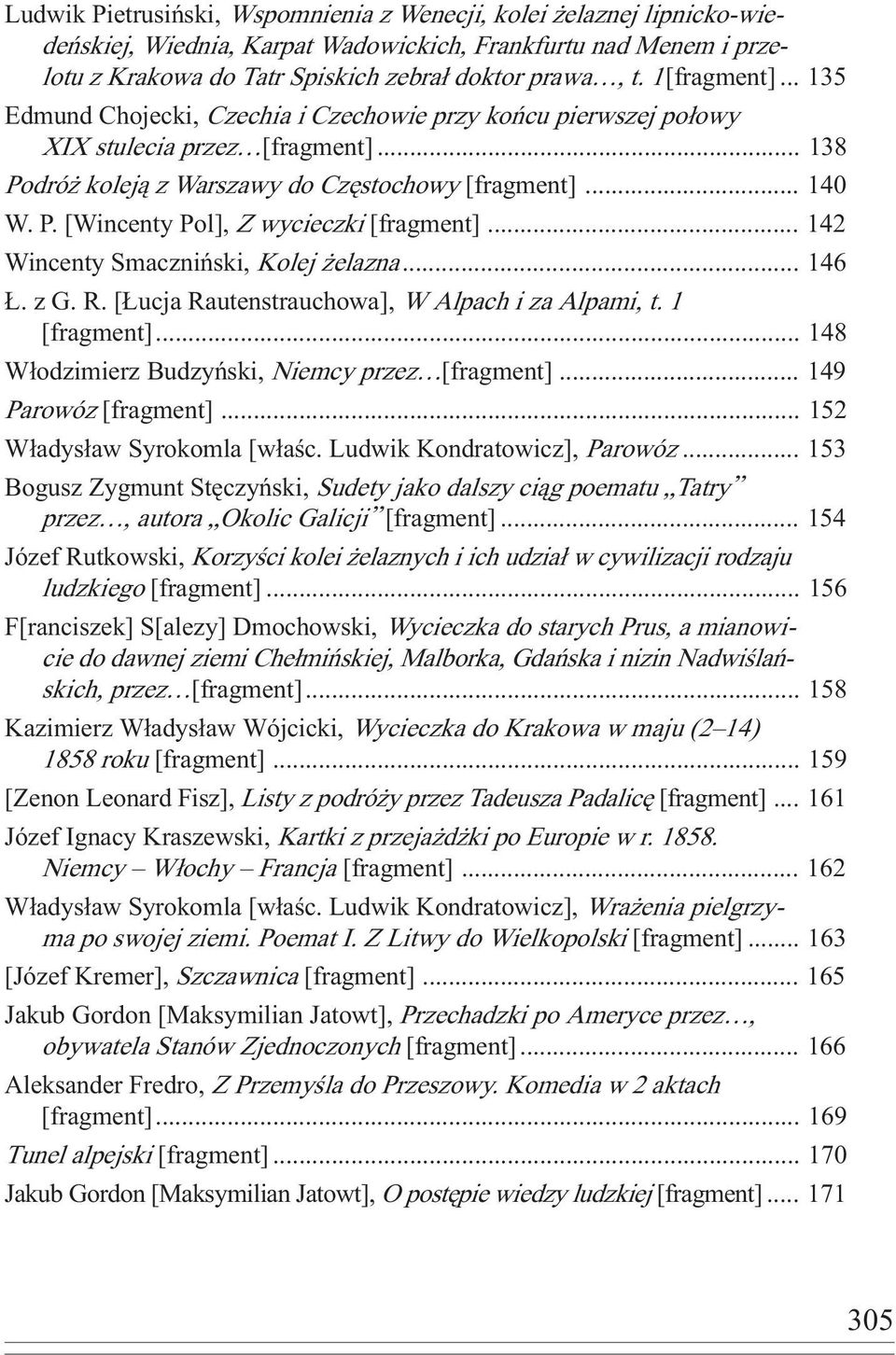 .. 142 Wincenty Smaczniñski, Kolej elazna... 146. z G. R. [ ucja Rautenstrauchowa], W Alpach i za Alpami, t. 1 [fragment]... 148 W³odzimierz Budzyñski, Niemcy przez [fragment]... 149 Parowóz [fragment].