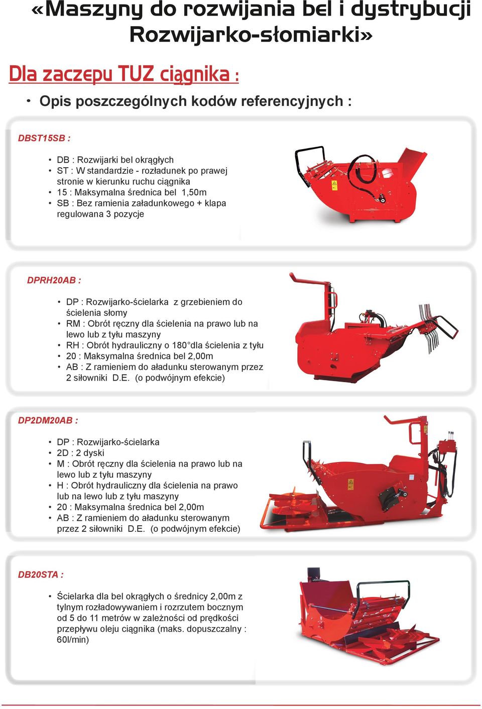 grzebieniem do ścielenia słomy RM : ręczny dla ścielenia na prawo lub na lewo lub z tyłu maszyny RH : hydrauliczny o 180 dla ścielenia z tyłu 20 : Maksymalna średnica bel 2,00m AB : Z do aładunku