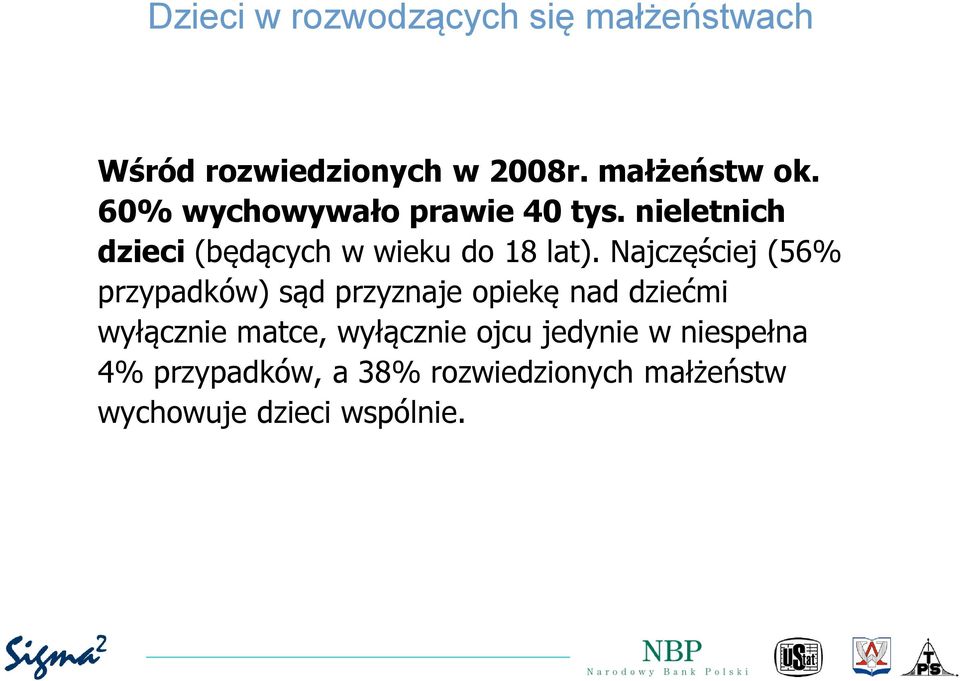 Najczęściej (56% przypadków) sąd przyznaje opiekę nad dziećmi wyłącznie matce,