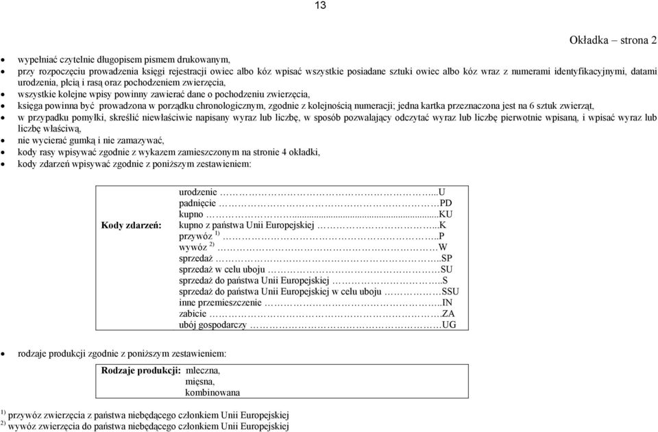 chronologicznym, zgodnie z kolejnością numeracji; jedna kartka przeznaczona jest na 6 sztuk zwierząt, w przypadku pomyłki, skreślić niewłaściwie napisany wyraz lub liczbę, w sposób pozwalający