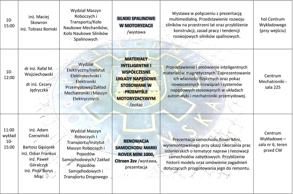 Przedstawienie rozwoju silników na przestrzeni lat oraz przybliżenie konstrukcji, zasad pracy i tendencji rozwojowych silników spalinowych. hol Wykładowego (przy wejściu) dr inż. Rafał M.