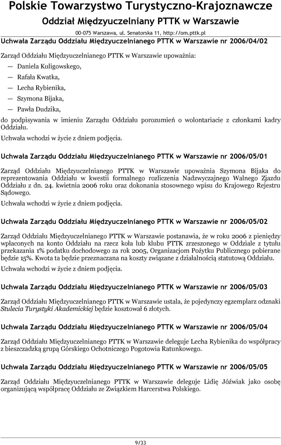 Uchwała Zarządu Oddziału Międzyuczelnianego PTTK w Warszawie nr 2006/05/01 Zarząd Oddziału Międzyuczelnianego PTTK w Warszawie upoważnia Szymona Bijaka do reprezentowania Oddziału w kwestii