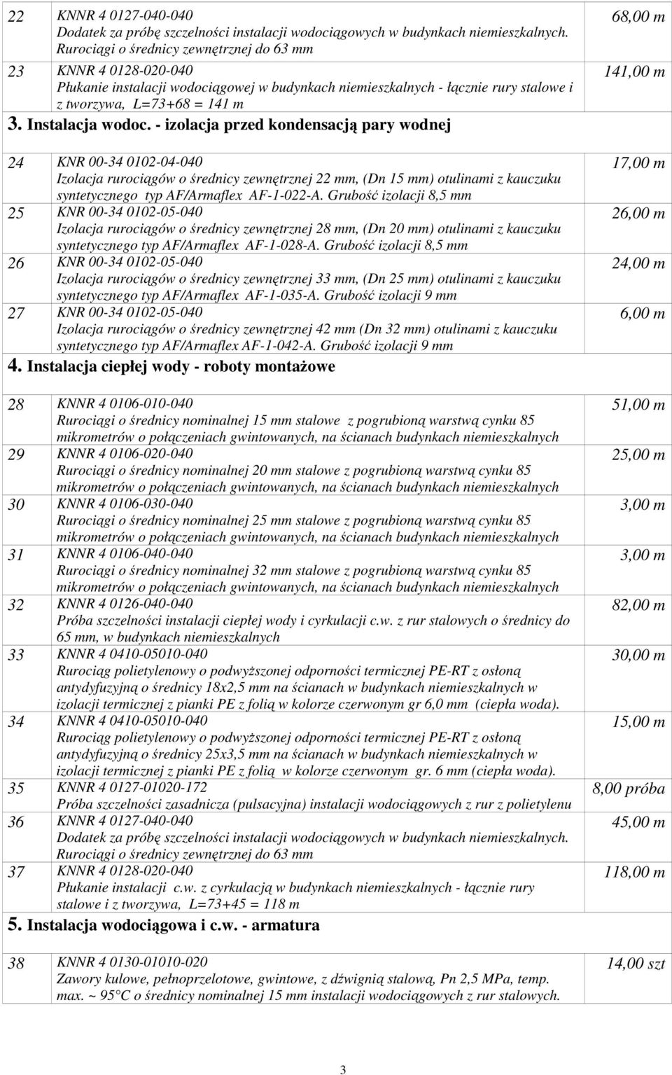 - izolacja przed kondensacją pary wodnej 24 KNR 00-34 0102-04-040 Izolacja rurociągów o średnicy zewnętrznej 22 mm, (Dn 15 mm) otulinami z kauczuku syntetycznego typ AF/Armaflex AF-1-022-A.