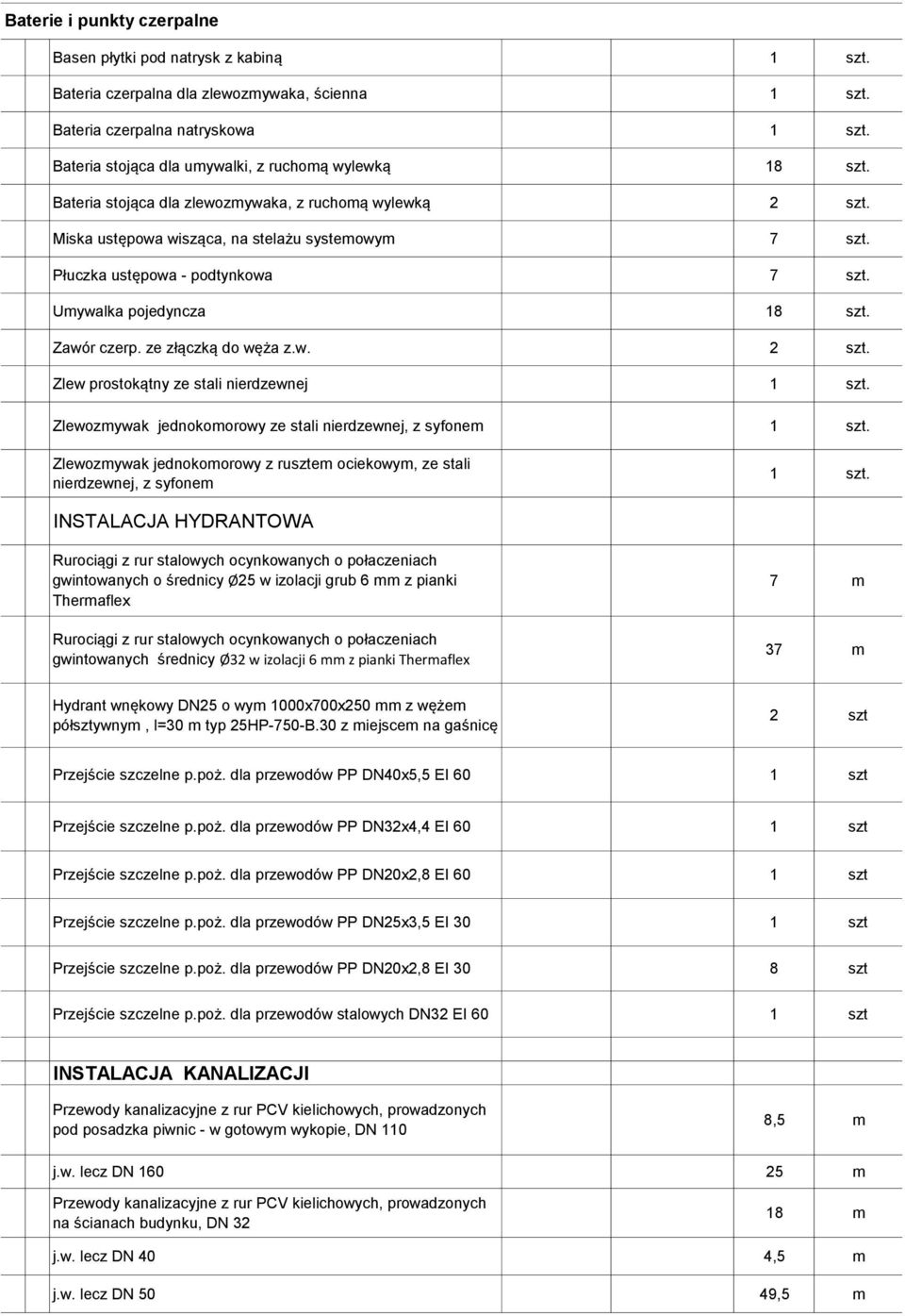 Płuczka ustępowa - podtynkowa 7 szt. Umywalka pojedyncza 18 szt. Zawór czerp. ze złączką do węża z.w. 2 szt. Zlew prostokątny ze stali nierdzewnej 1 szt.