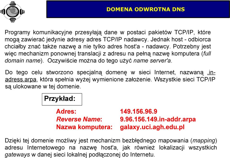 Oczywiście można do tego użyć name server'a. Do tego celu stworzono specjalną domenę w sieci Internet, nazwaną.inadress.arpa, która spełnia wyżej wymienione założenie.