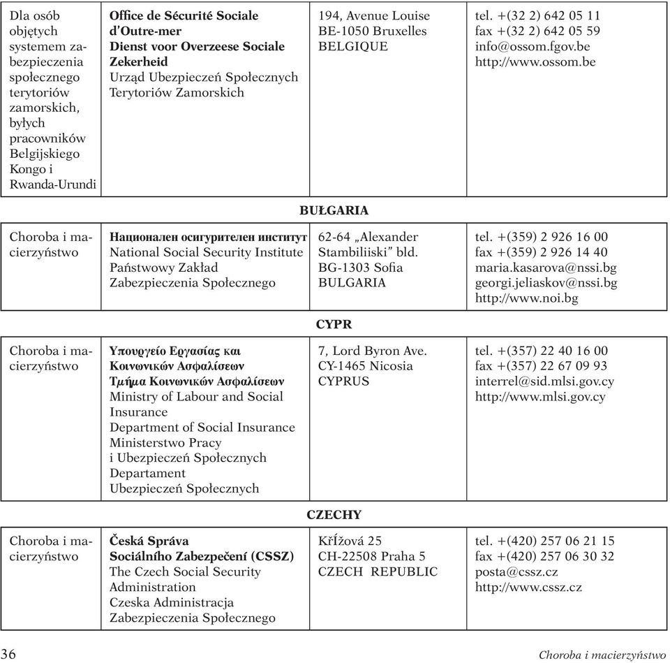 fgov.be http://www.ossom.be BUŁGARIA National Social Security Institute Państwowy Zakład 62-64 Alexander Stambiliiski bld. BG-1303 Sofia BULGARIA tel. +(359) 2 926 16 00 fax +(359) 2 926 14 40 maria.