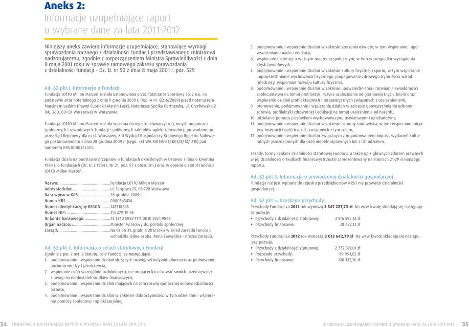 nr 50 z dnia 8 maja 2001 r. poz. 529. Ad. 2 pkt.1. Informacje o Fundacji Fundacja LOTTO Milion Marzeń została ustanowiona przez Totalizator Sportowy Sp. z o.o. na podstawie aktu notarialnego z dnia 9 grudnia 2009 r.