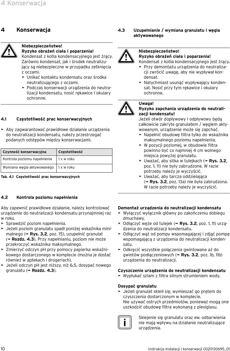 > Podczas konserwacji urządzenia do neutralizacji kondensatu, nosić rękawice i okulary ochronne. 4.