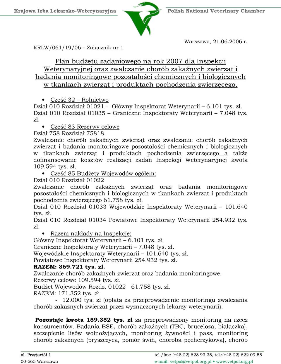 produktach pochodzenia zwierzęcego. Część 32 Rolnictwo Dział 010 Rozdział 01021 - Główny Inspektorat Weterynarii 6.101 tys. zł. Dział 010 Rozdział 01035 Graniczne Inspektoraty Weterynarii 7.048 tys.