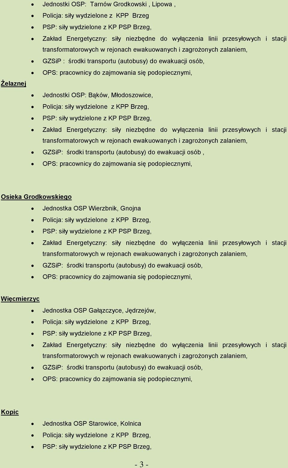 wydzielone z KP PSP Brzeg, Zakład Energetyczny: siły niezbędne do wyłączenia linii przesyłowych i stacji GZSiP: środki transportu (autobusy) do ewakuacji osób, OPS: pracownicy do zajmowania się