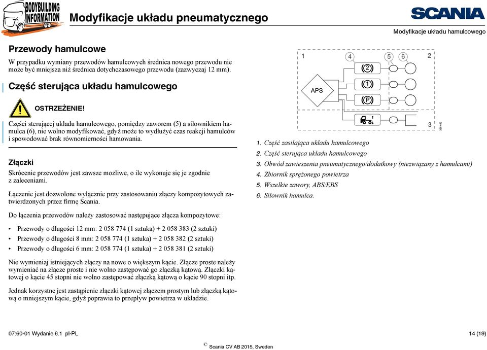 Części sterującej układu hamulcowego, pomiędzy zaworem (5) a siłownikiem hamulca (6), nie wolno modyfikować, gdyż może to wydłużyć czas reakcji hamulców i spowodować brak równomierności hamowania.