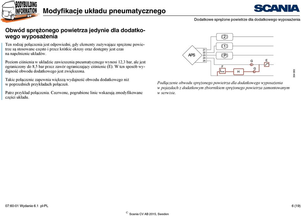 Poziom ciśnienia w układzie zawieszenia pneumatycznego wynosi 12,3 bar, ale jest ograniczony do 8,5 bar przez zawór ograniczający ciśnienie (E).