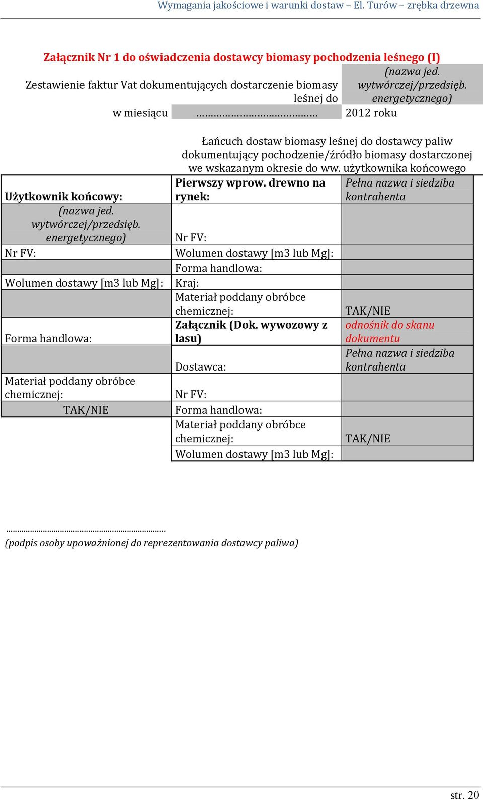 energetycznego) Nr FV: Wolumen dostawy [m3 lub Mg]: Forma handlowa: Materiał poddany obróbce chemicznej: TAK/NIE Łańcuch dostaw biomasy leśnej do dostawcy paliw dokumentujący pochodzenie/źródło