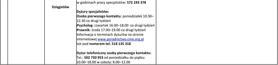 30 co drugi tydzień Psycholog: czwartek 16.00 18.