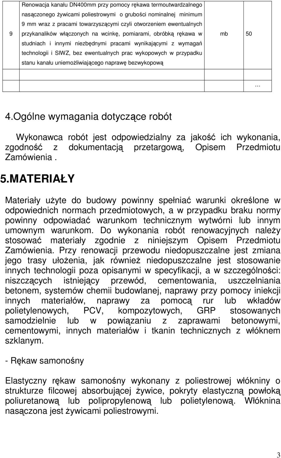 kanału uniemożliwiającego naprawę bezwykopową mb 50 4.