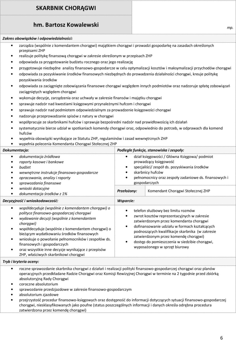 w zakresie określonym w przepisach ZHP odpowiada za przygotowanie budżetu rocznego oraz jego realizację przygotowuje niezbędne analizy finansowo-gospodarcze w celu optymalizacji kosztów i