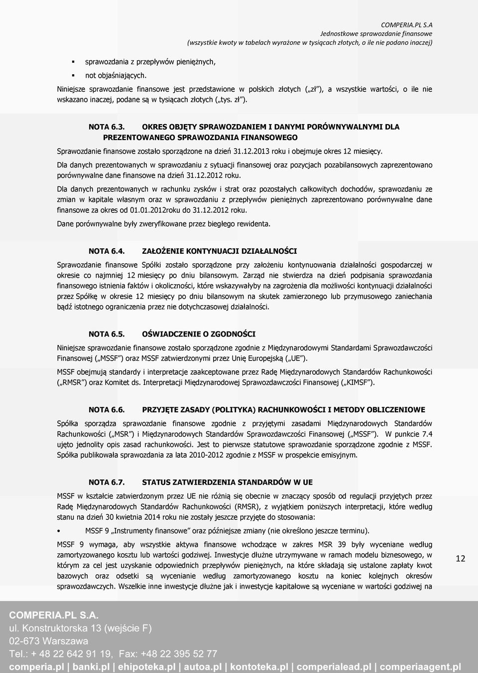 OKRES OBJĘTY SPRAWOZDANIEM I DANYMI PORÓWNYWALNYMI DLA PREZENTOWANEGO SPRAWOZDANIA FINANSOWEGO Sprawozdanie finansowe zostało sporządzone na dzień 31.12.2013 roku i obejmuje okres 12 miesięcy.