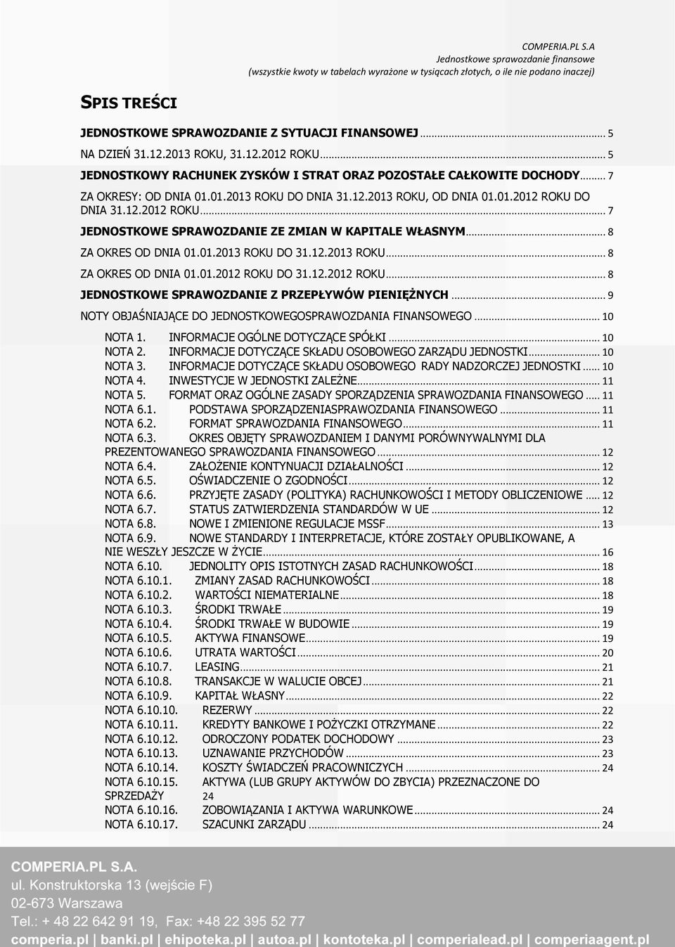 12.2013 ROKU... 8 ZA OKRES OD DNIA 01.01.2012 ROKU DO 31.12.2012 ROKU... 8 JEDNOSTKOWE SPRAWOZDANIE Z PRZEPŁYWÓW PIENIĘŻNYCH... 9 NOTY OBJAŚNIAJĄCE DO JEDNOSTKOWEGOSPRAWOZDANIA FINANSOWEGO... 10 NOTA 1.