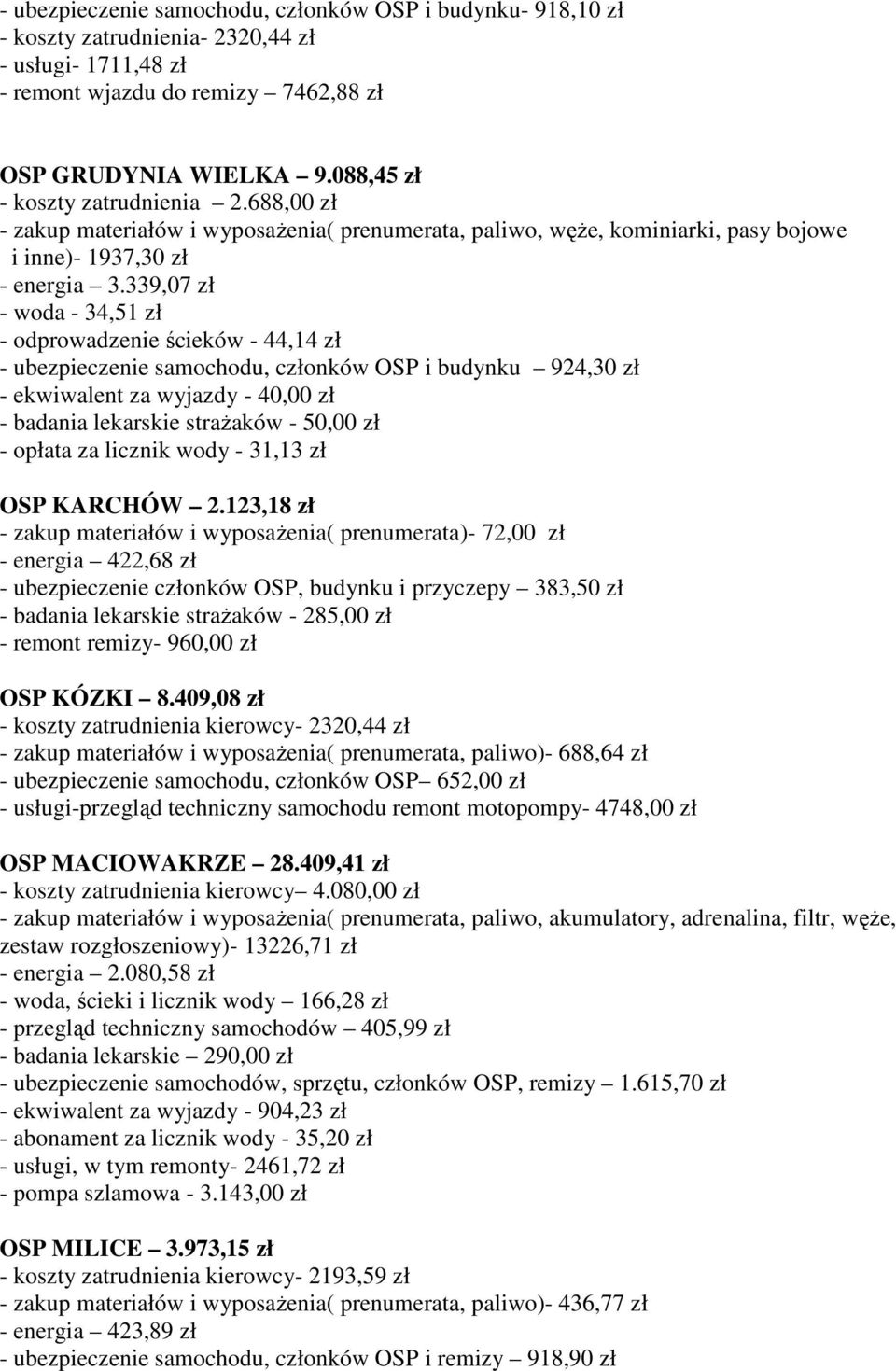 339,07 zł - woda - 34,51 zł - odprowadzenie ścieków - 44,14 zł - ubezpieczenie samochodu, członków OSP i budynku 924,30 zł - ekwiwalent za wyjazdy - 40,00 zł - badania lekarskie straŝaków - 50,00 zł