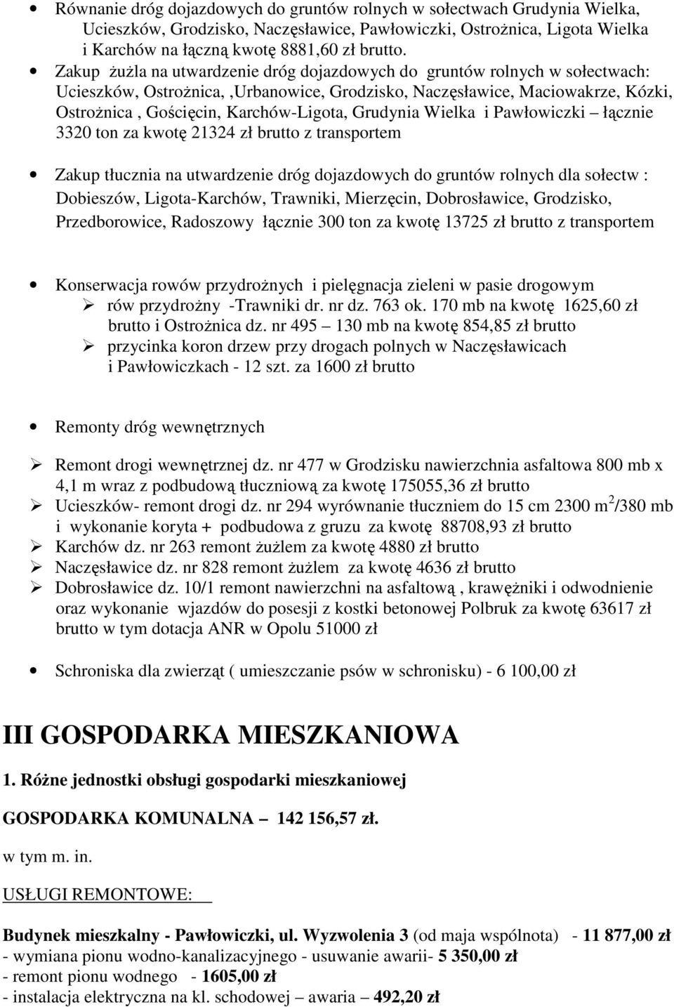 Grudynia Wielka i Pawłowiczki łącznie 3320 ton za kwotę 21324 zł brutto z transportem Zakup tłucznia na utwardzenie dróg dojazdowych do gruntów rolnych dla sołectw : Dobieszów, Ligota-Karchów,