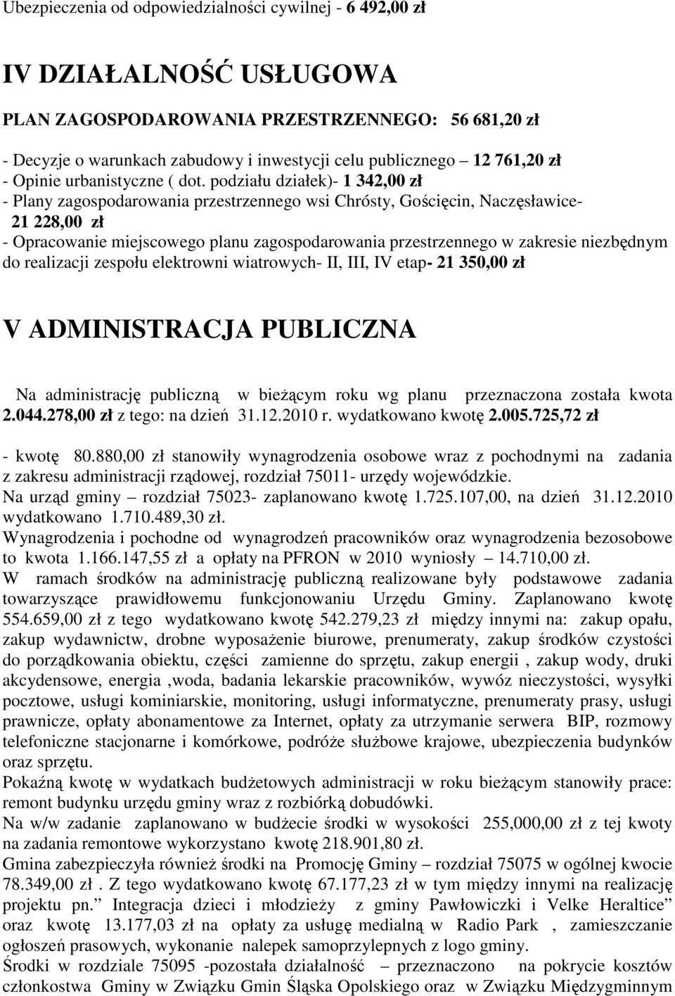 podziału działek)- 1 342,00 zł - Plany zagospodarowania przestrzennego wsi Chrósty, Gościęcin, Naczęsławice- 21 228,00 zł - Opracowanie miejscowego planu zagospodarowania przestrzennego w zakresie