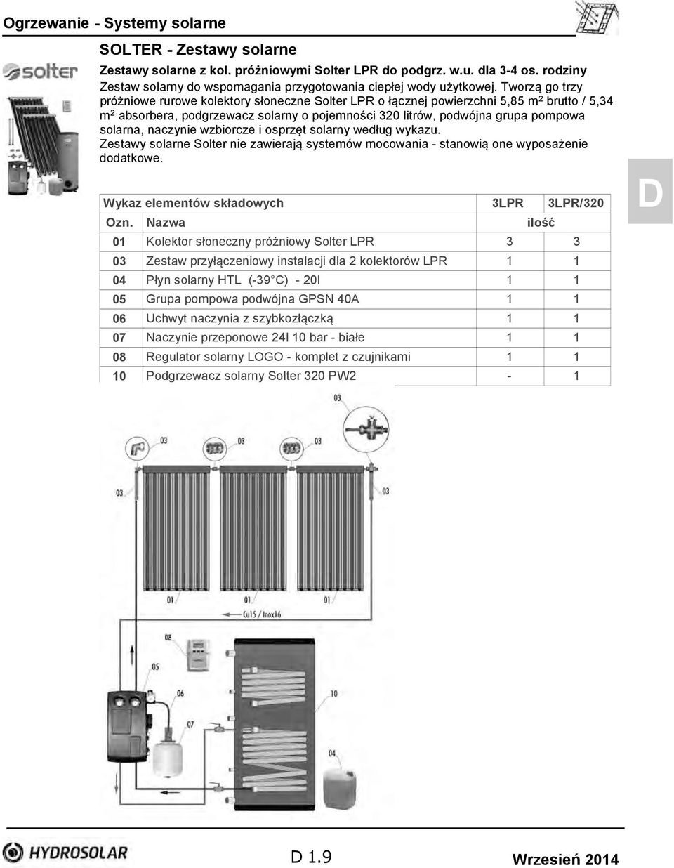 naczynie wzbiorcze i osprzęt solarny według wykazu. Zestawy solarne Solter nie zawierają systemów mocowania - stanowią one wyposażenie dodatkowe. Wykaz elementów składowych 3LPR 3LPR/320 Ozn.