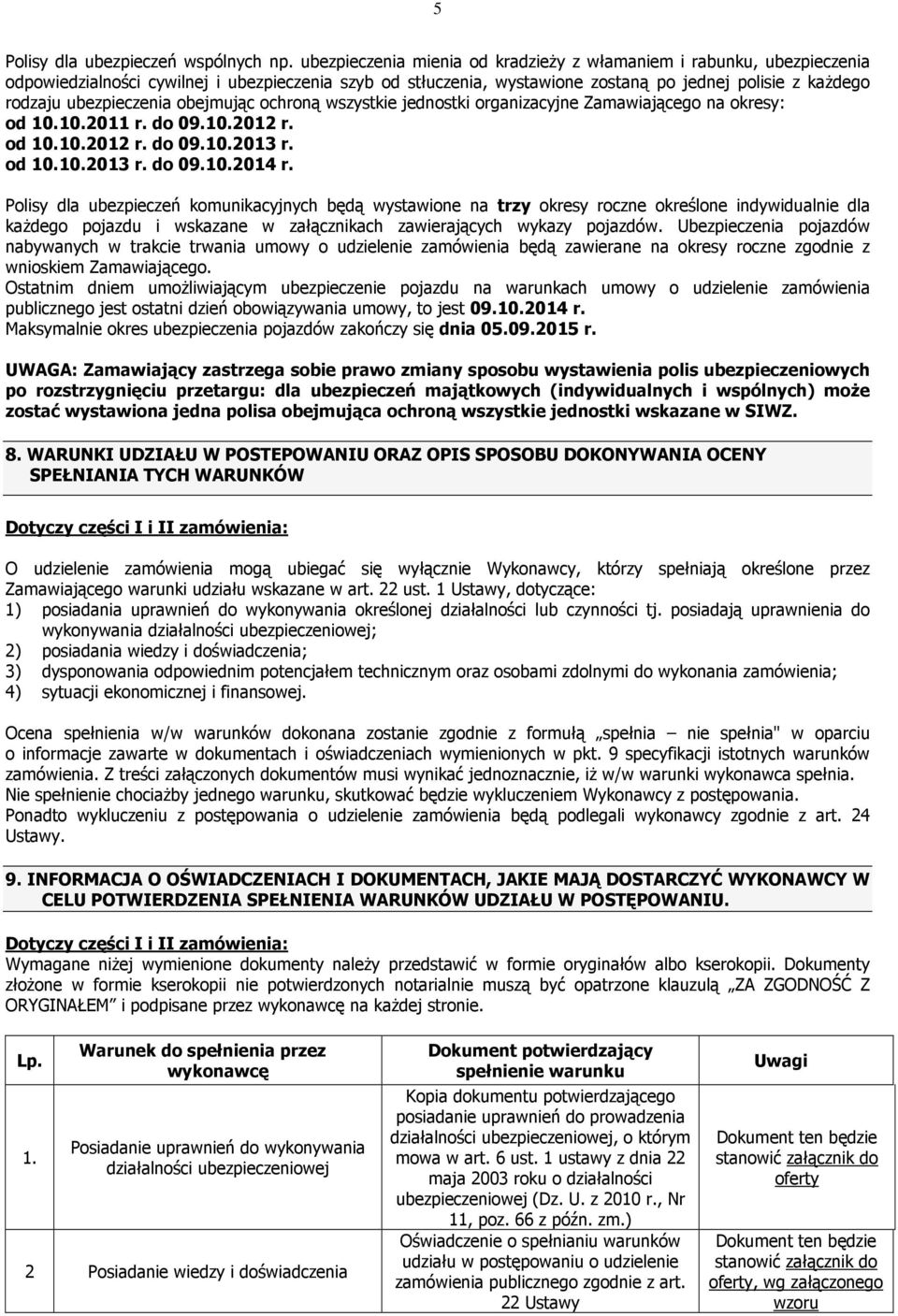 ubezpieczenia obejmując ochroną wszystkie jednostki organizacyjne Zamawiającego na okresy: od 10.10.2011 r. do 09.10.2012 r. od 10.10.2012 r. do 09.10.2013 r. od 10.10.2013 r. do 09.10.2014 r.