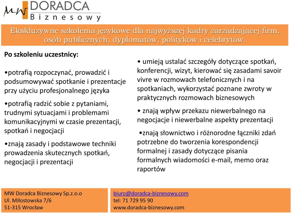 konferencji, wizyt, kierowad się zasadami savoir vivre w rozmowach telefonicznych i na spotkaniach, wykorzystad poznane zwroty w praktycznych rozmowach biznesowych znają wpływ przekazu niewerbalnego