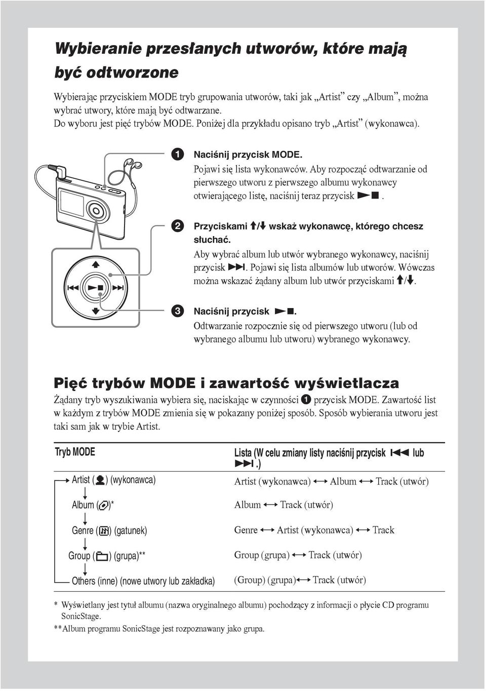 Aby rozpocząć odtwarzanie od pierwszego utworu z pierwszego albumu wykonawcy otwierającego listę, naciśnij teraz przycisk. Przyciskami / wskaż wykonawcę, którego chcesz słuchać.