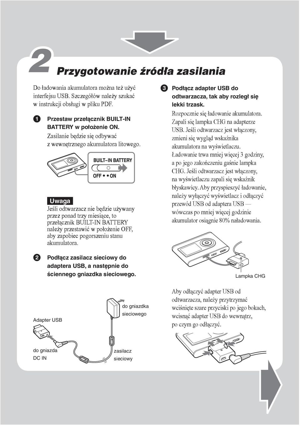 Uwaga Jeśli odtwarzacz nie będzie używany przez ponad trzy miesiące, to przełącznik BUILT-IN BATTERY należy przestawić w położenie OFF, aby zapobiec pogorszeniu stanu akumulatora.