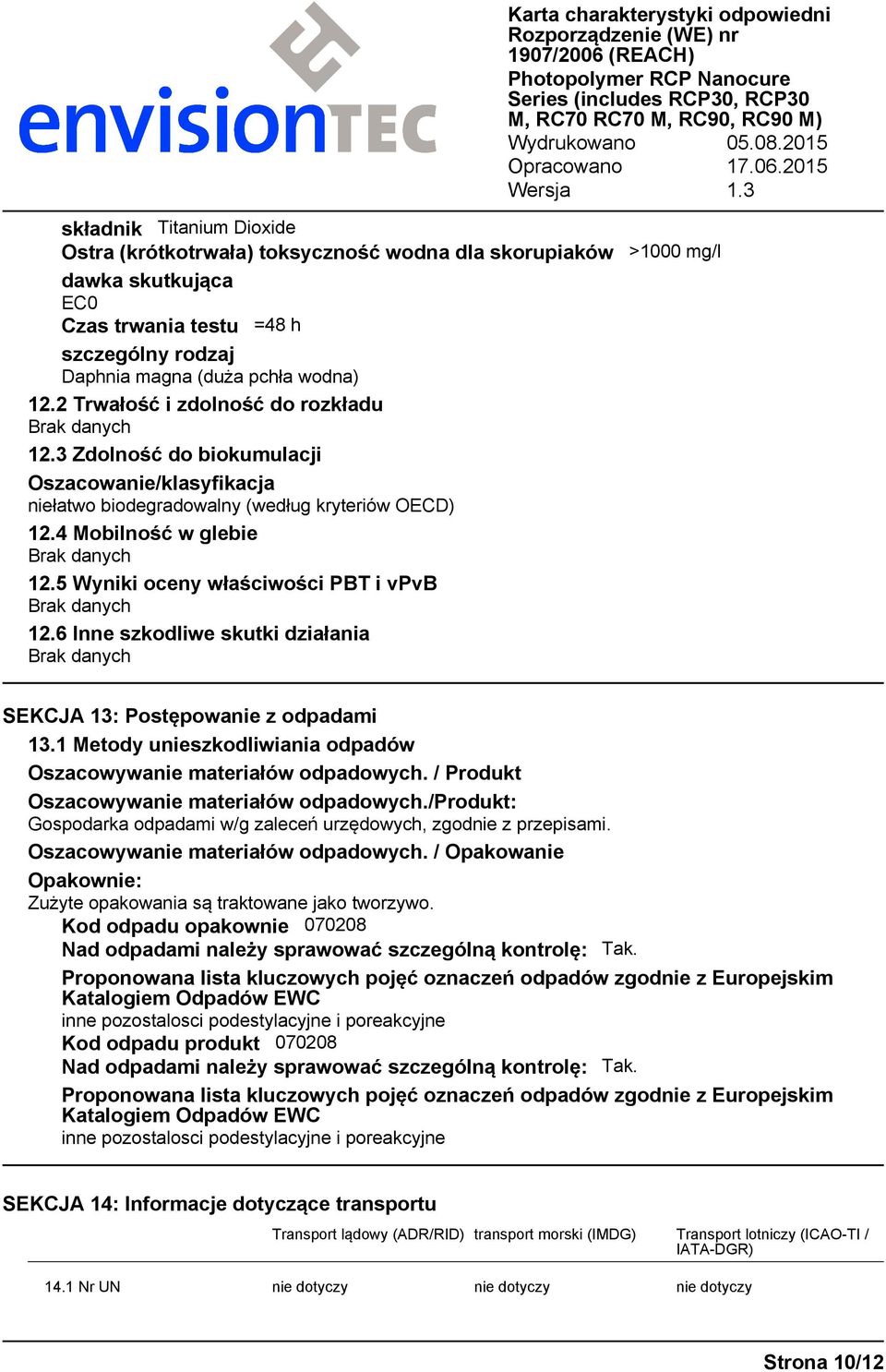 5 Wyniki oceny właściwości PBT i vpvb 12.6 Inne szkodliwe skutki działania SEKCJA 13: Postępowanie z odpadami 13.1 Metody unieszkodliwiania odpadów Oszacowywanie materiałów odpadowych.