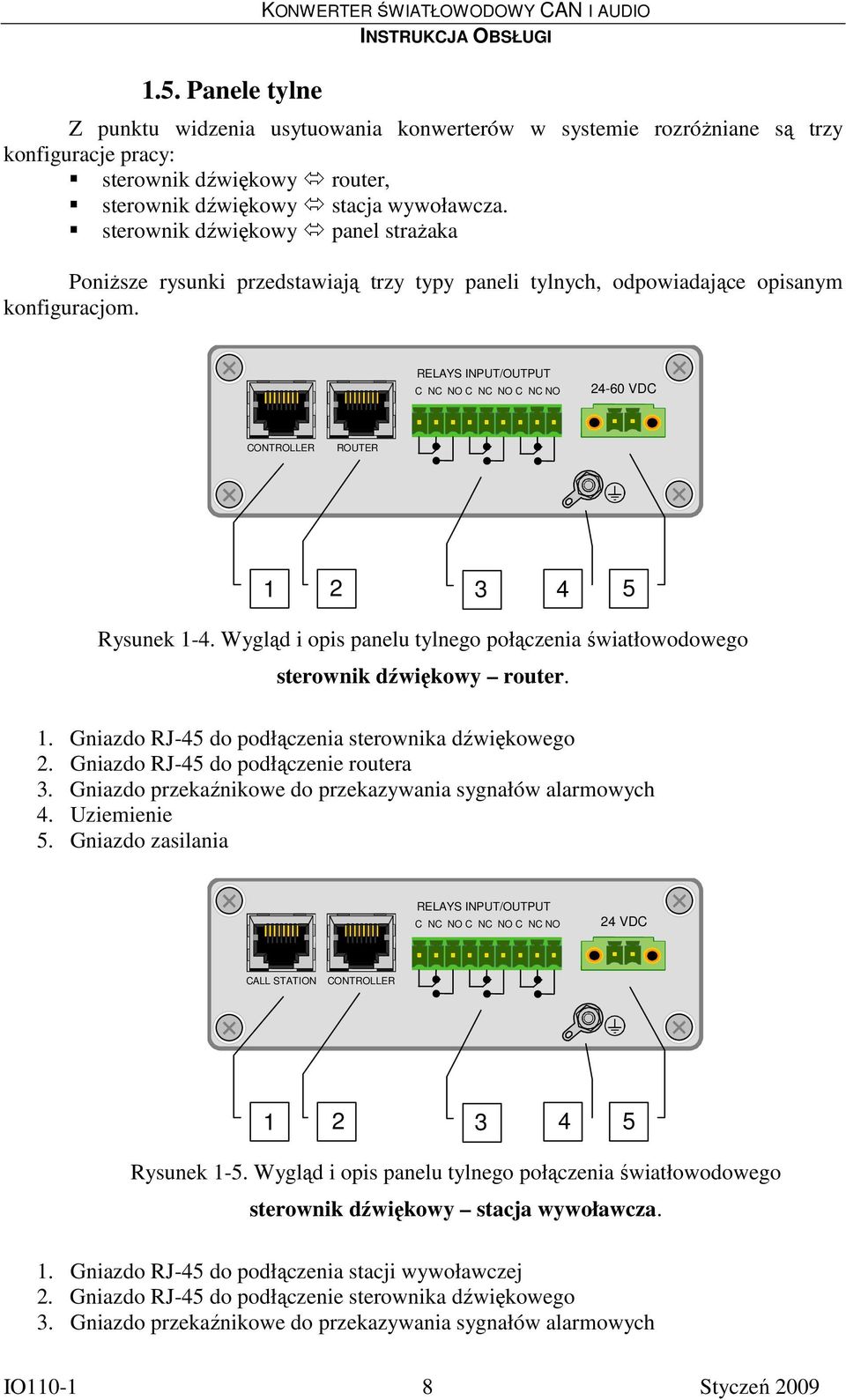 RELAYS INPUT/OUTPUT C NC NO C NC NO C NC NO 24-60 VDC CONTROLLER ROUTER 1 2 3 4 5 Rysunek 1-4. Wygląd i opis panelu tylnego połączenia światłowodowego sterownik dźwiękowy router. 1. Gniazdo RJ-45 do podłączenia sterownika dźwiękowego 2.